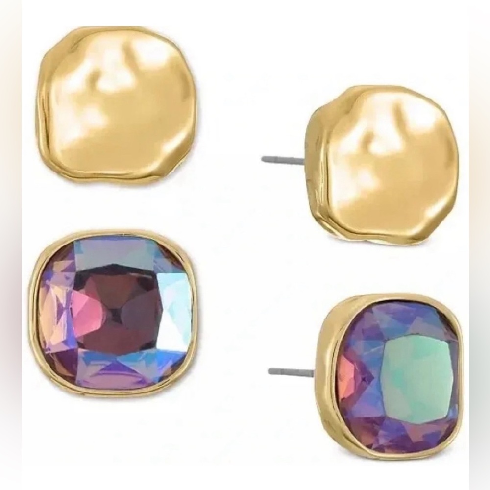 NEW Style & Co Two Piece Set Colored Stone Square Stud Earrings Purple/Gold